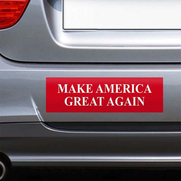Make American Great Again Bumper Sticker on the bumper of a gray car