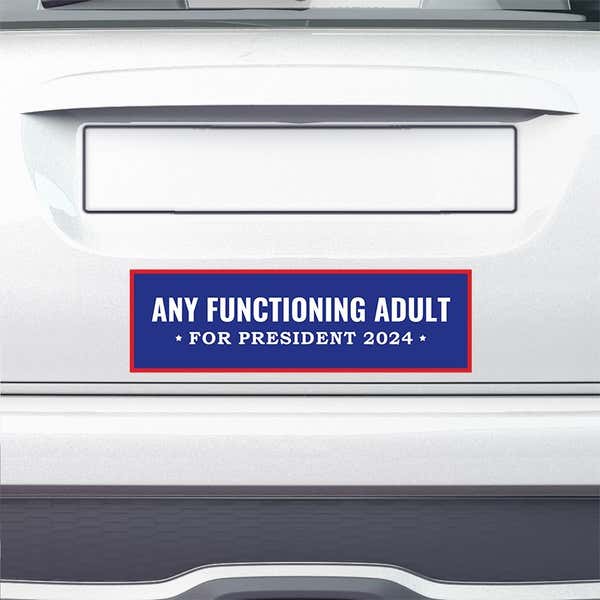 Any Functioning Adult Bumper Sticker on the bumper of a white car