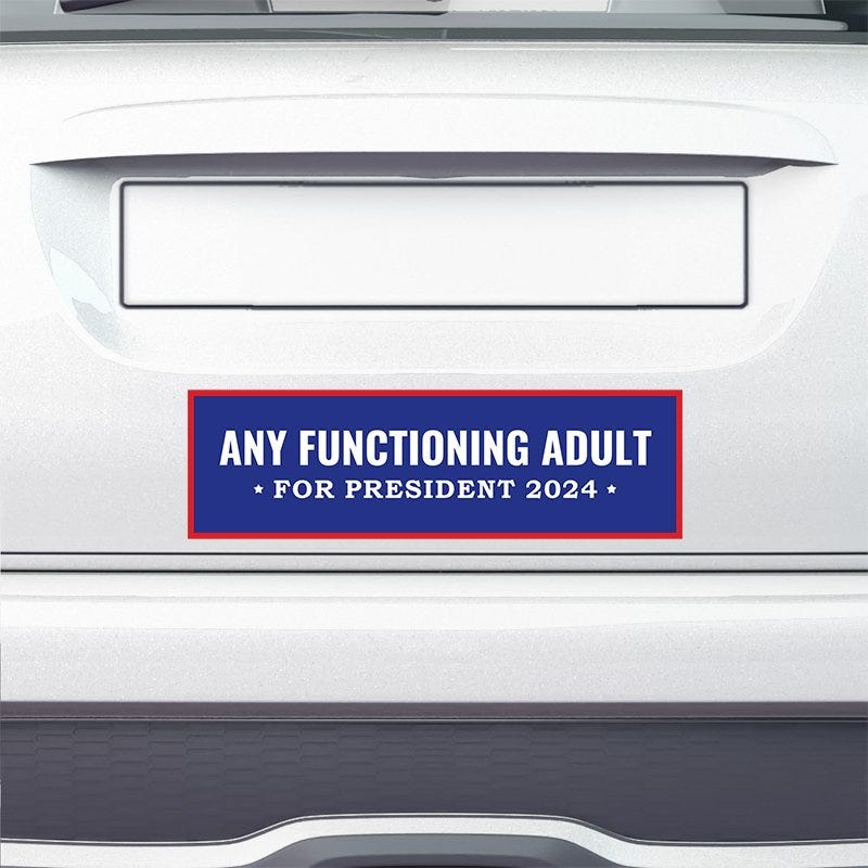 Any Functioning Adult Bumper Sticker on the bumper of a white car