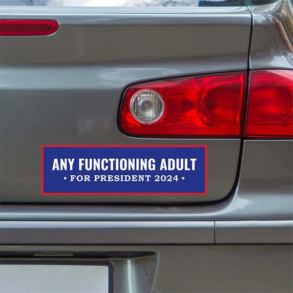 Any Functioning Adult Bumper Sticker below a gray car's tail light