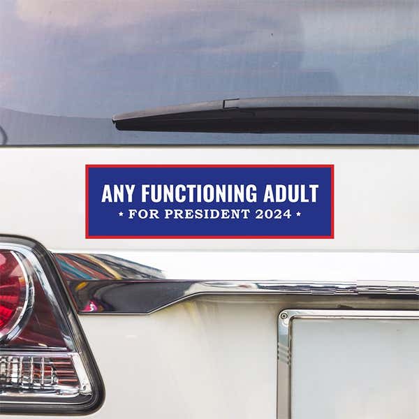 Any Functioning Adult Bumper Sticker above a white car's tail light
