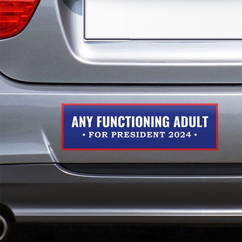Any Functioning Adult Bumper Sticker on the bumper of a gray car