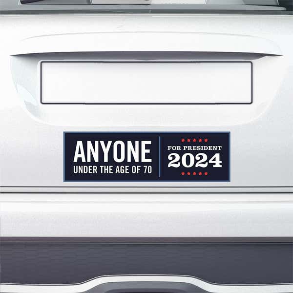 Anyone Under 70 bumper sticker on the bumper of a white car
