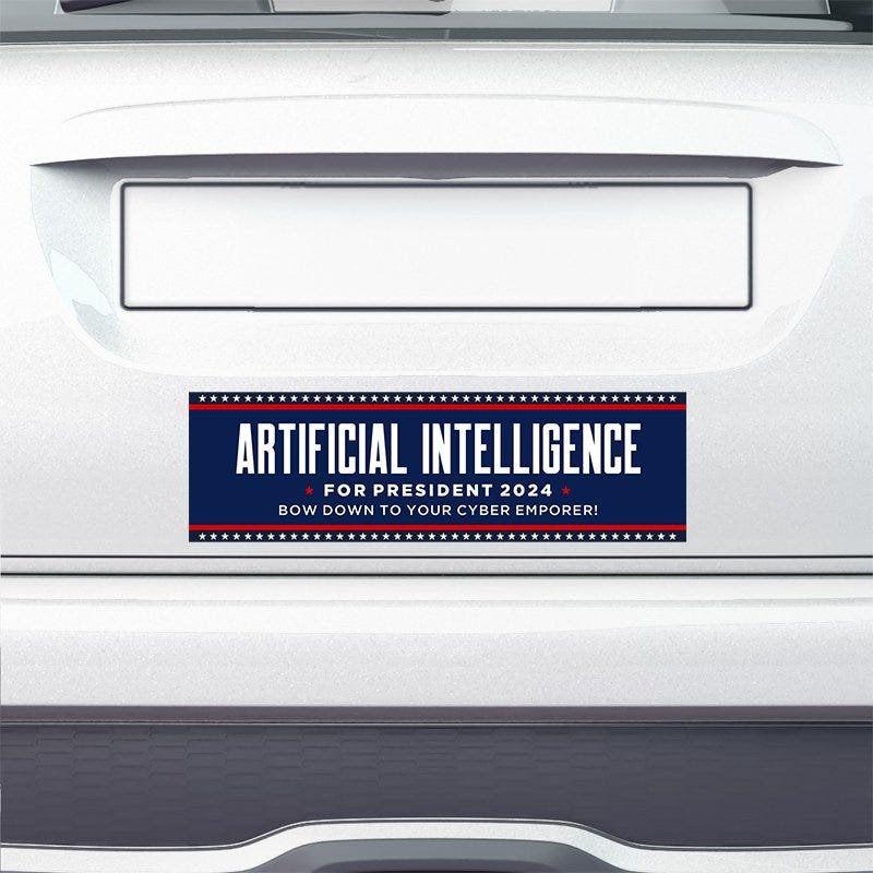 Artificial Intelligence Bumper Sticker on the bumper of a white car