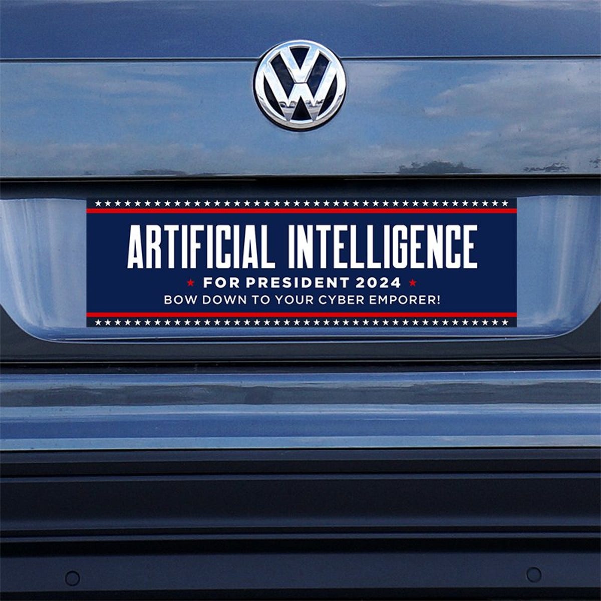 Artificial Intelligence Bumper Sticker on a gray car