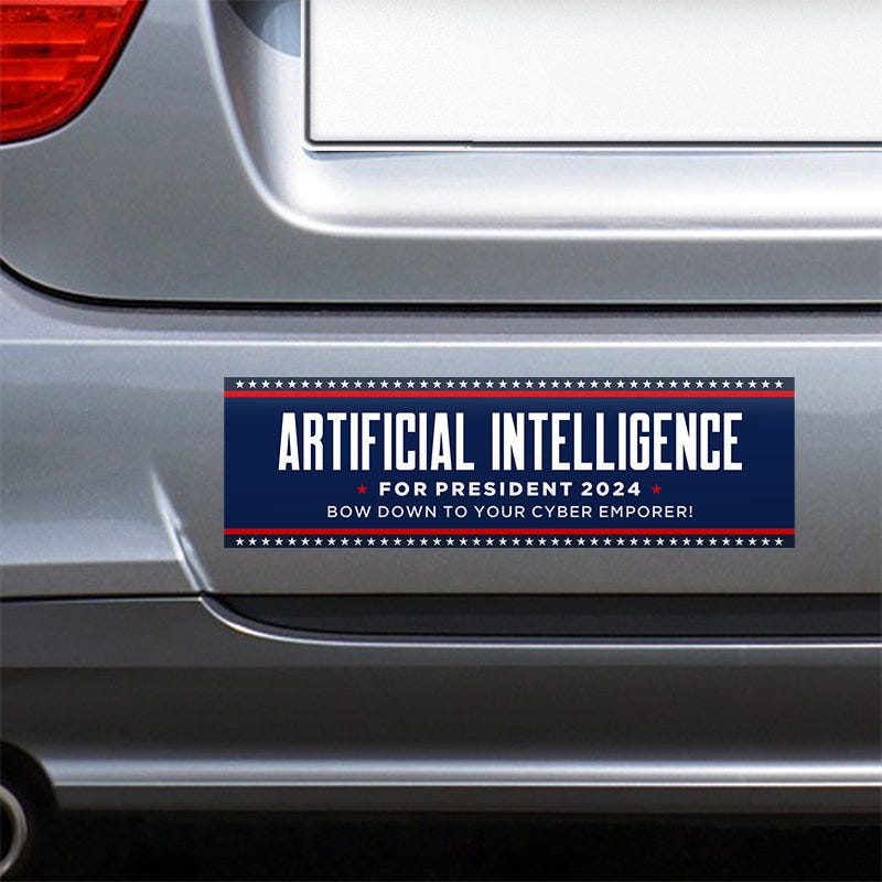 Artificial Intelligence Bumper Sticker on the bumper of a gray car