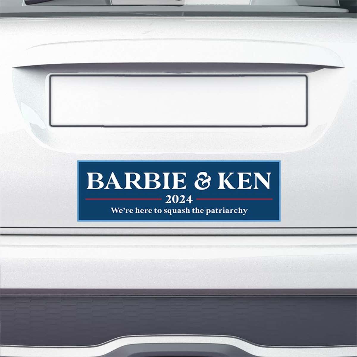 Barbie and Ken bumper sticker on the bumper of a white car
