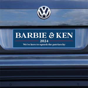Barbie and Ken bumper sticker on a gray car