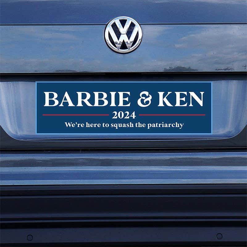 Barbie and Ken bumper sticker on a gray car
