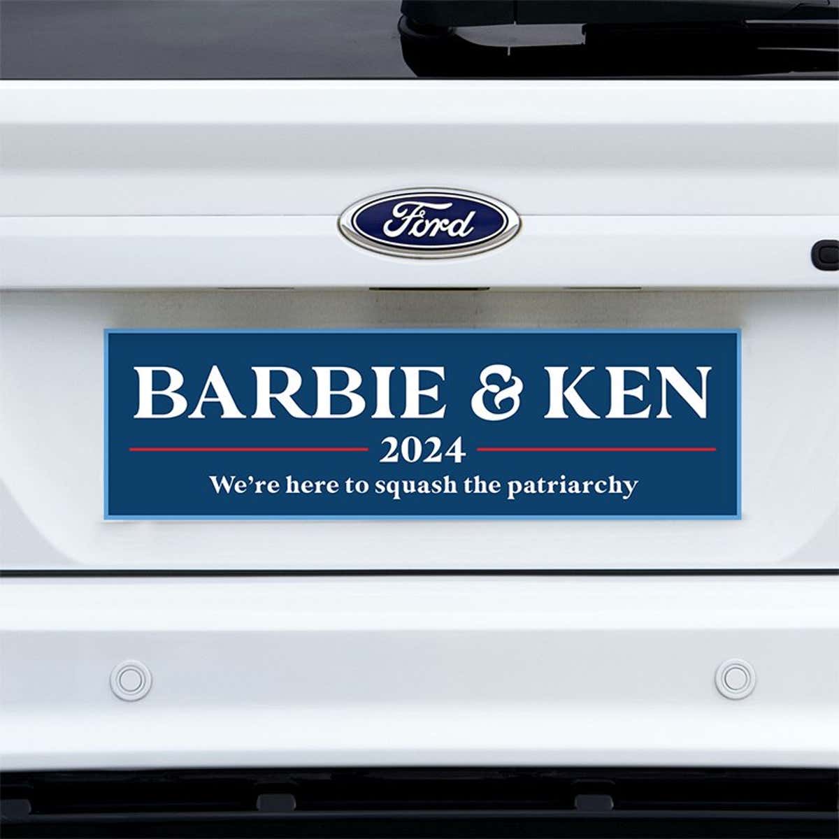 Barbie and Ken bumper sticker on a white truck