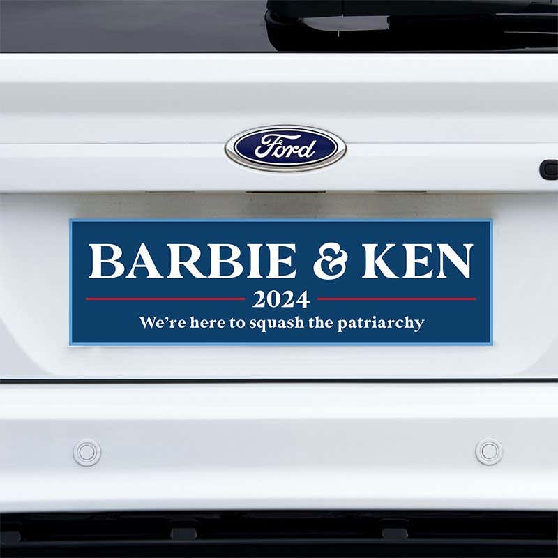 Barbie and Ken bumper sticker on a white truck