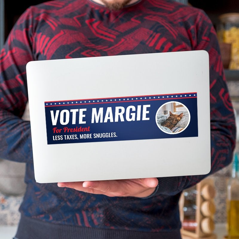 Custom Round Photo Political Bumper Sticker on a laptop