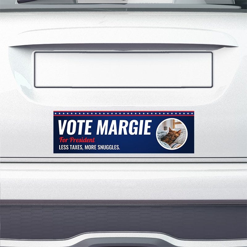 Custom Round Photo Political Bumper Sticker on the bumper of a white car