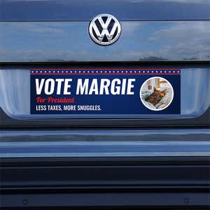 Custom Round Photo Political Bumper Sticker sticker on a gray car