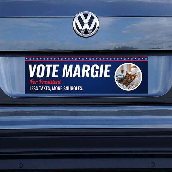Custom Round Photo Political Bumper Sticker sticker on a gray car