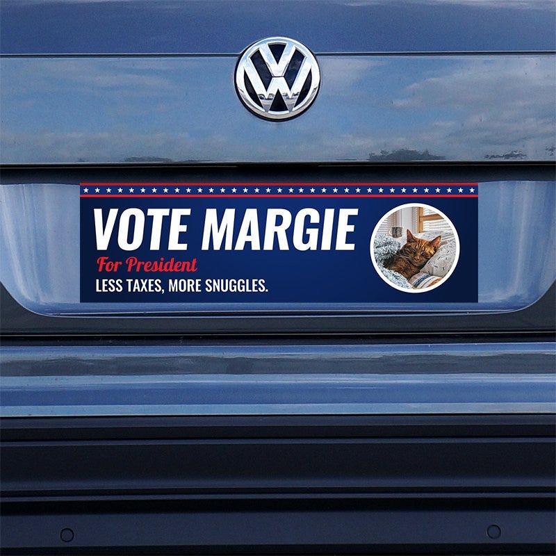 Custom Round Photo Political Bumper Sticker sticker on a gray car