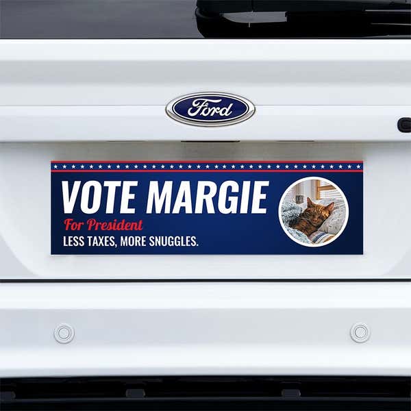 Custom Round Photo Political Bumper Sticker on a white truck