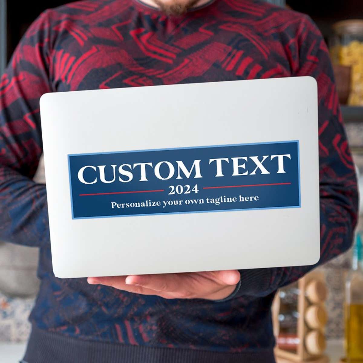 Custom Text Political Bumper Sticker on a laptop