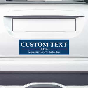 Custom Text Political Bumper Sticker on the bumper of a white car