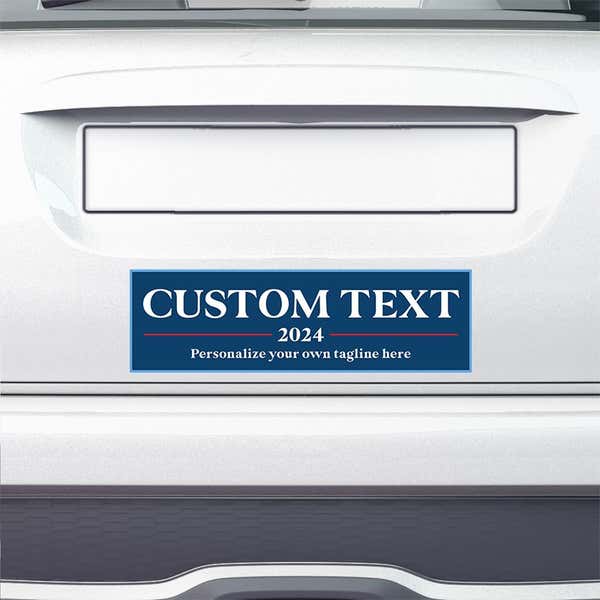 Custom Text Political Bumper Sticker on the bumper of a white car
