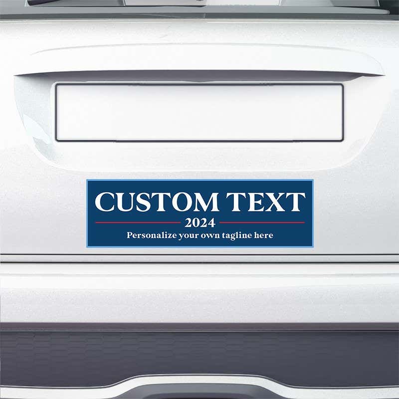Custom Text Political Bumper Sticker on the bumper of a white car