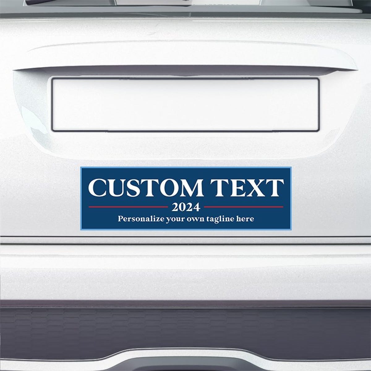 Custom Text Political Bumper Sticker on the bumper of a white car