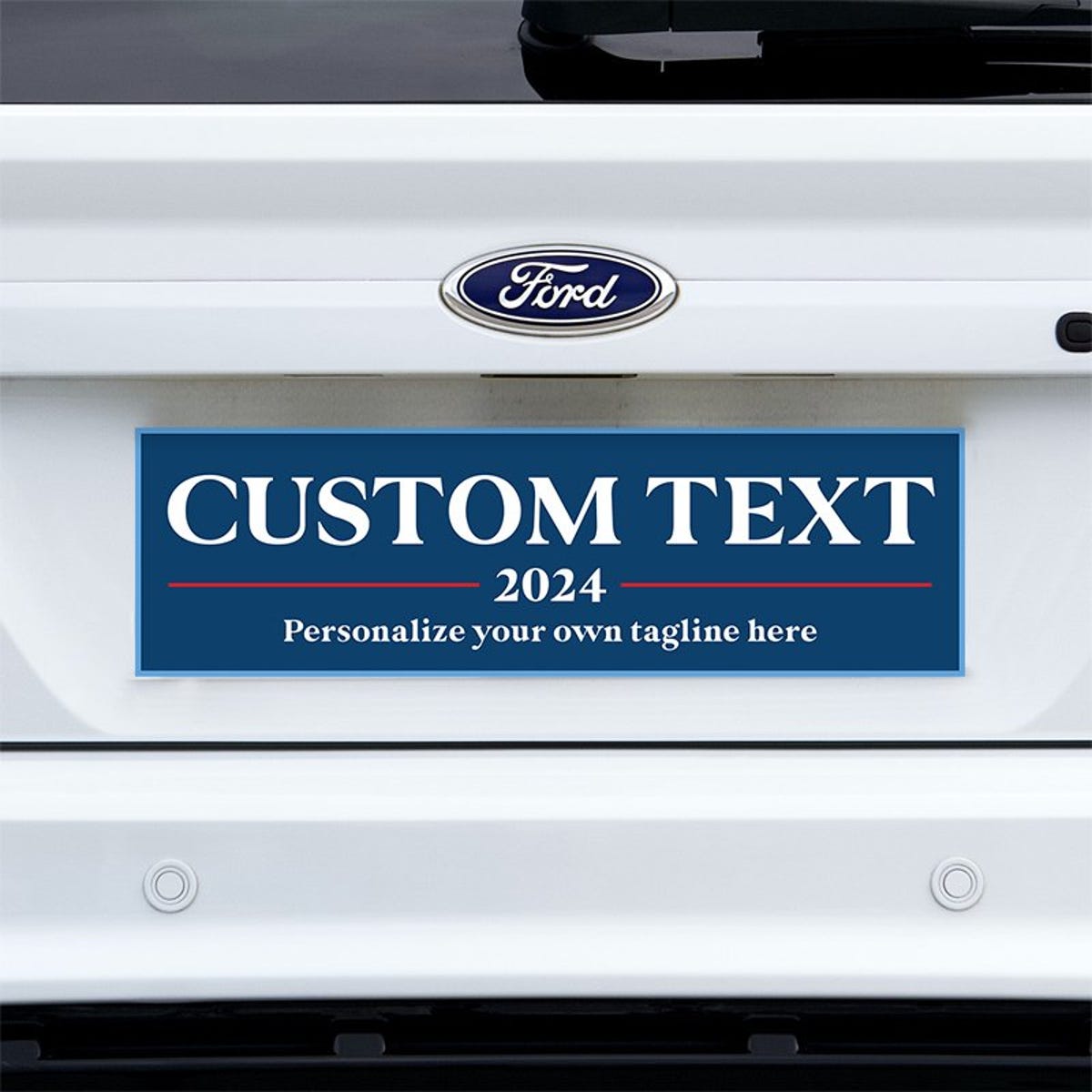 Custom Text Political Bumper Sticker on a white truck