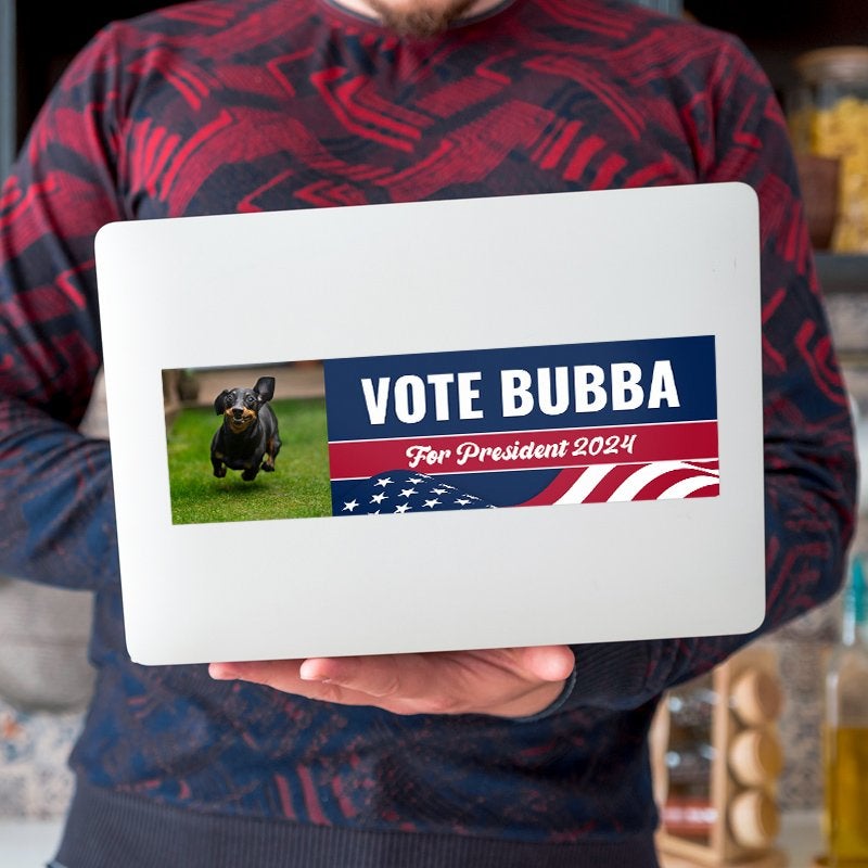 Custom Photo Political Bumper Sticker on a laptop