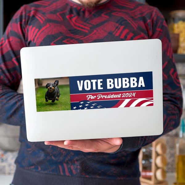 Custom Photo Political Bumper Sticker on a laptop