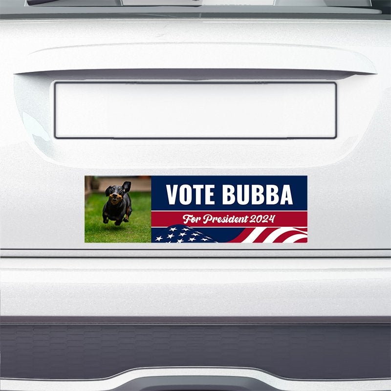 Custom Photo Political Bumper Sticker on the bumper of a white car