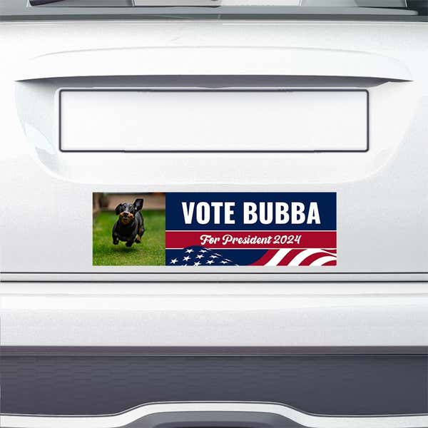 Custom Photo Political Bumper Sticker on the bumper of a white car
