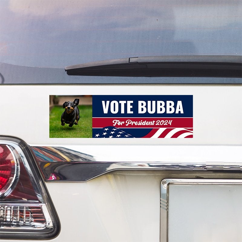 Custom Photo Political Bumper Sticker above a white car's tail light