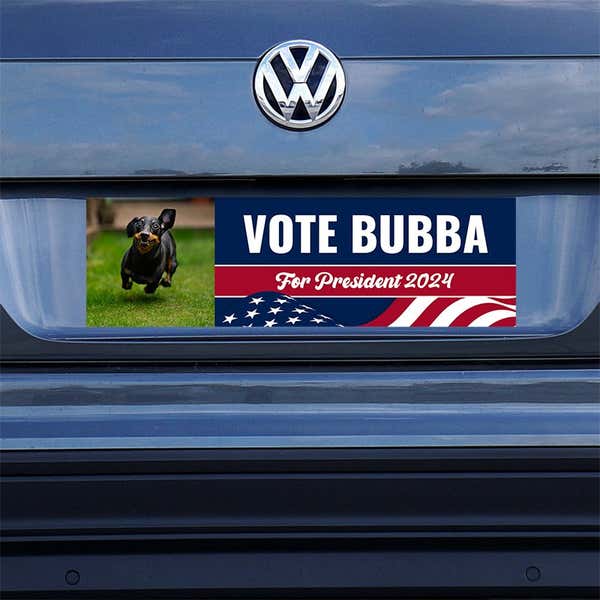 Custom Photo Political Bumper Sticker on a gray car