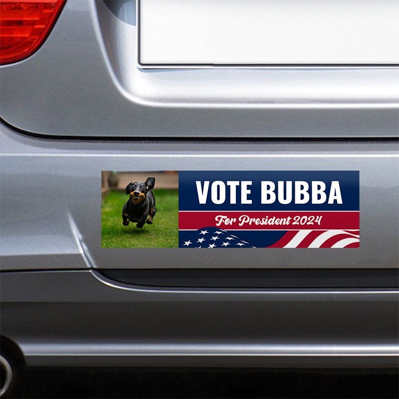 Custom Photo Political Bumper Sticker on the bumper of a gray car