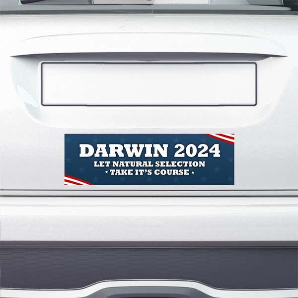 Darwin Political Bumper Sticker on the bumper of a white car