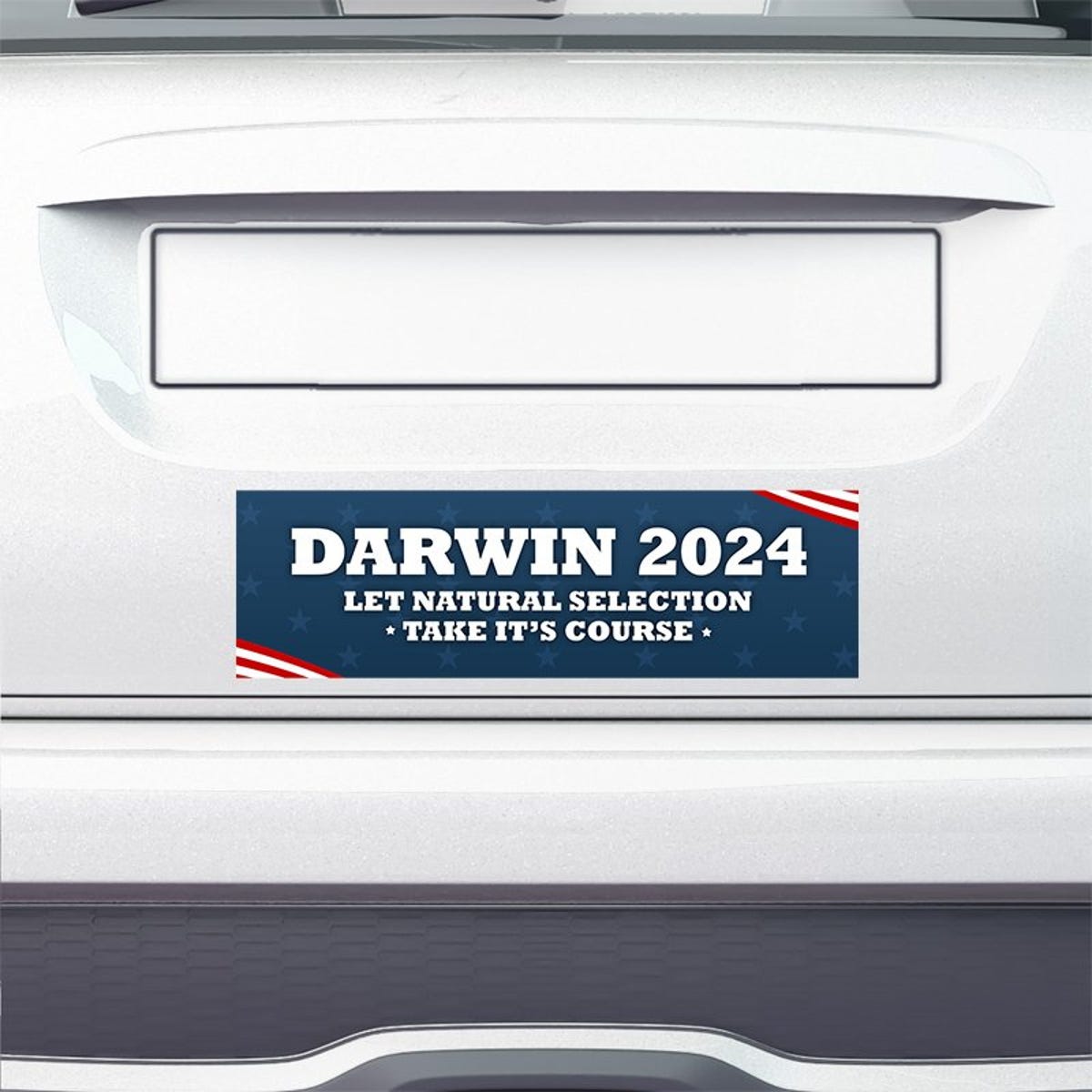 Darwin Political Bumper Sticker on the bumper of a white car