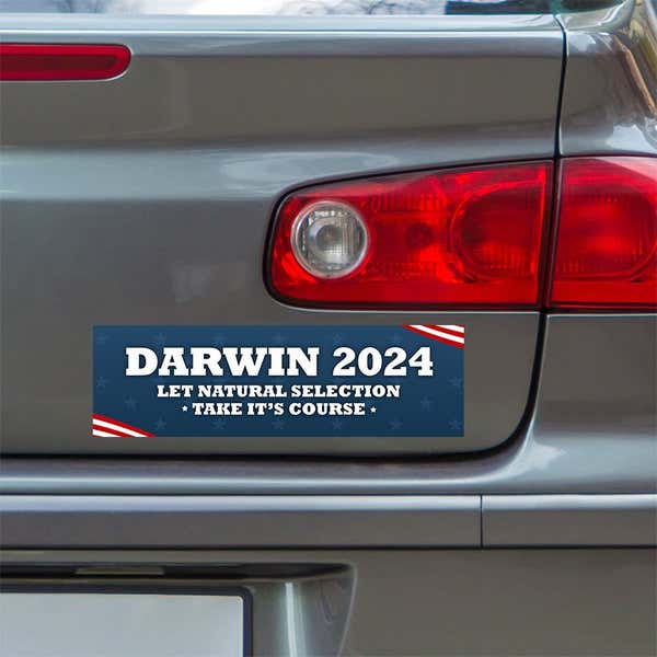 Darwin Political Bumper Sticker below a gray car's tail light