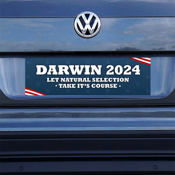 Darwin Political Bumper Sticker on a gray car