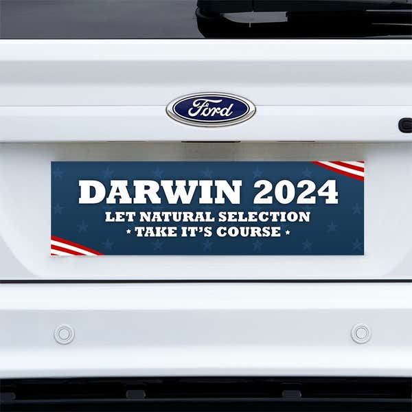 Darwin Political Bumper Sticker on a white truck