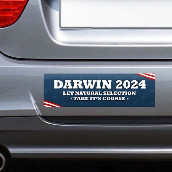 Darwin Political Bumper Sticker on the bumper of a gray car