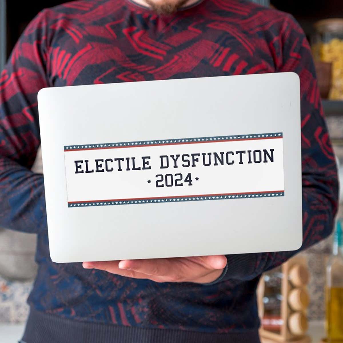 Electile Dysfunction Political Bumper Sticker on a laptop