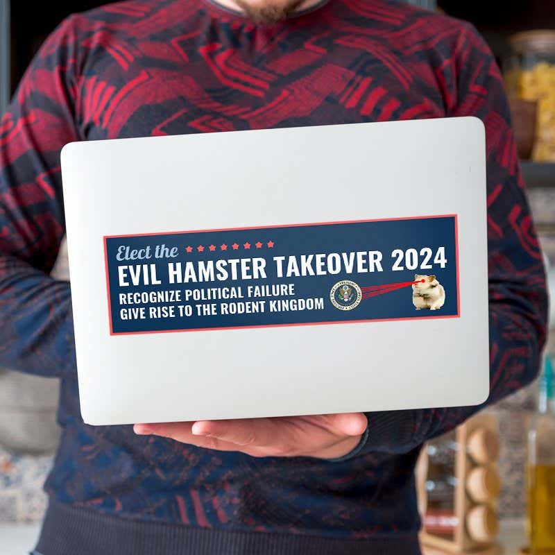 Evil Hamster Political Bumper Sticker on a laptop