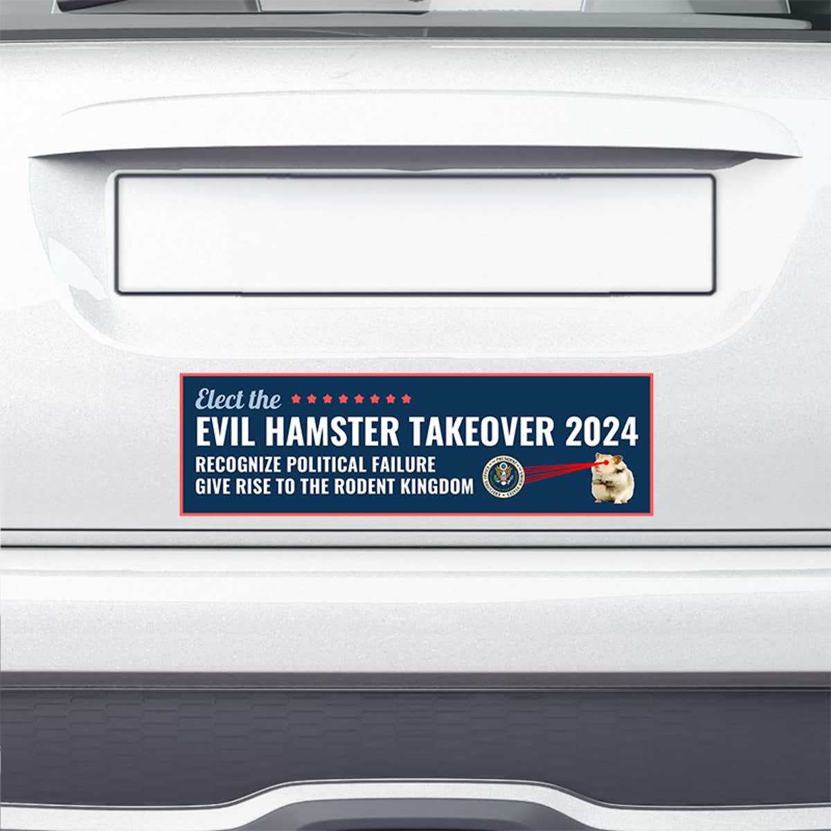 Evil Hamster Political Bumper Sticker on the bumper of a white car