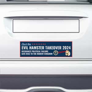 Evil Hamster Political Bumper Sticker on the bumper of a white car