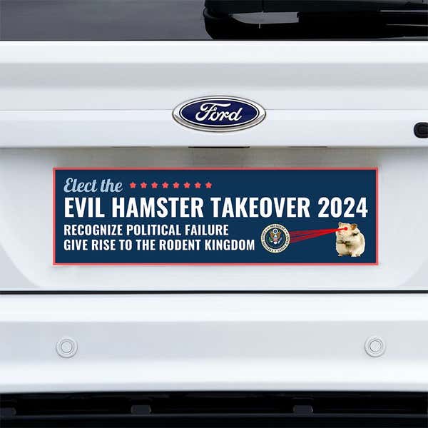 Evil Hamster Political Bumper Sticker on a white truck