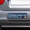 Evil Hamster Political Bumper Sticker on the bumper of a gray car