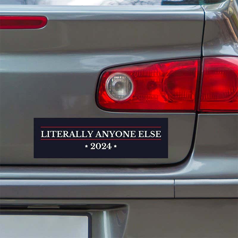 Literally Anyone Else Bumper Sticker below a gray car's tail light