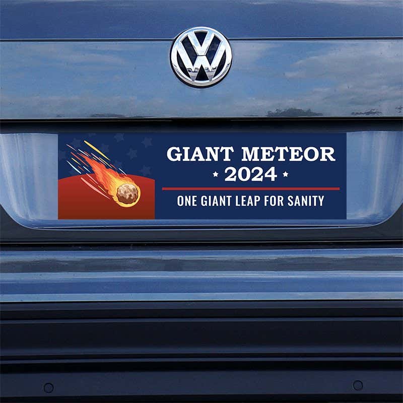 Giant Meteor Bumper Sticker on a gray car