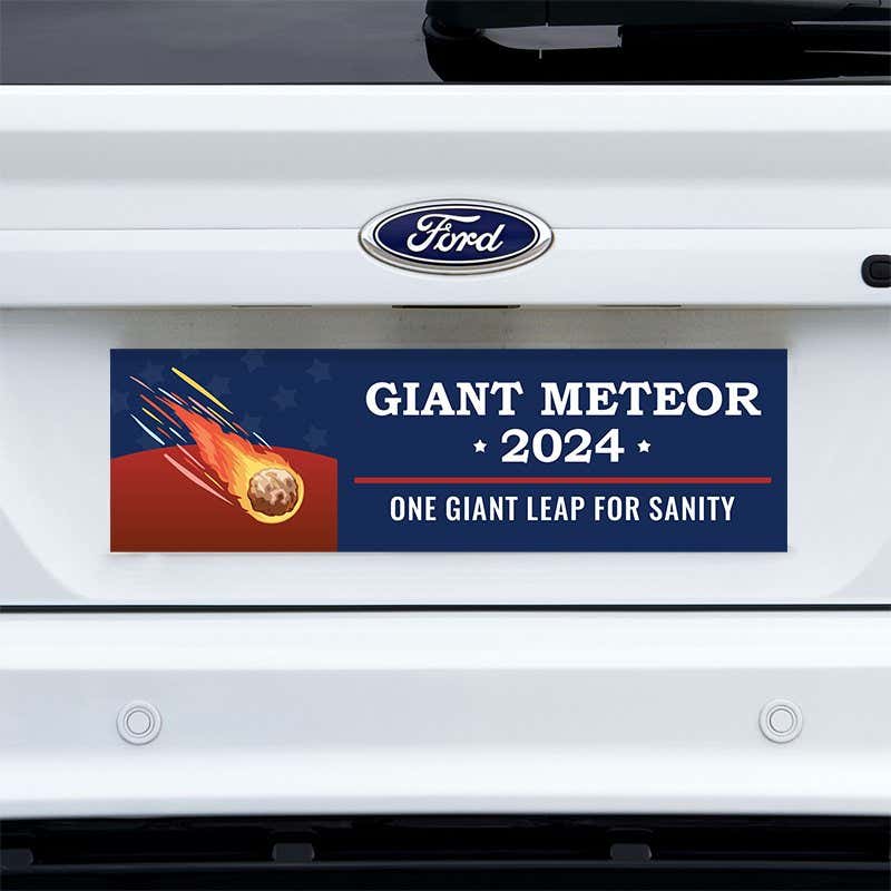 Giant Meteor Bumper Sticker on a white truck
