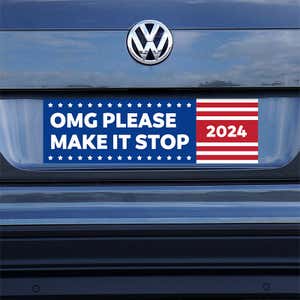 OMG Please Make It Stop Bumper Sticker on a gray car
